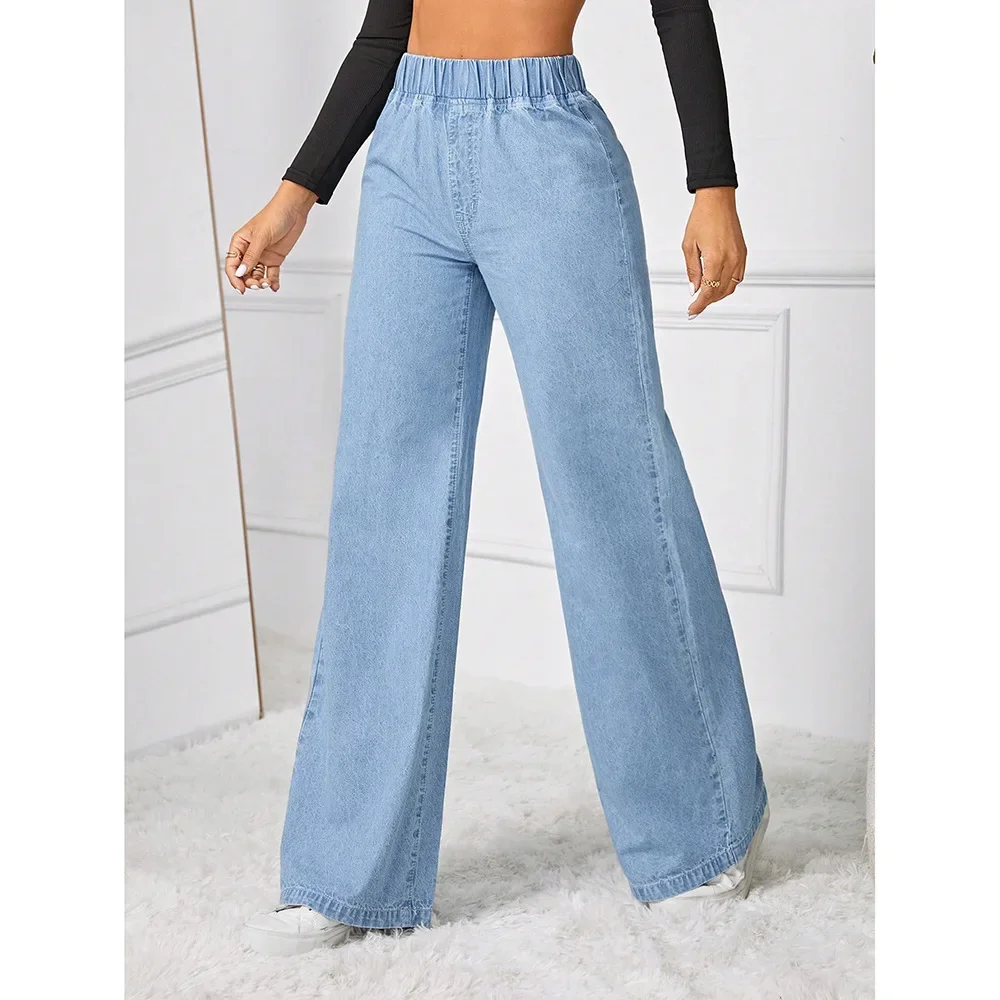 

Women Jeans Wide Leg Pants Vintage Trousers Straight Elastic Waist Washed Distressed Basis Floor Length 2025 Streetwear Denims