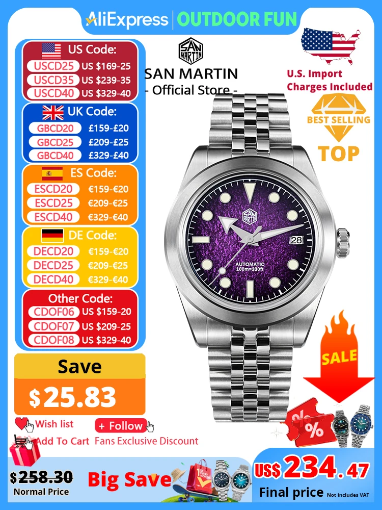 

San Martin New 39mm Sport Watch Enamel Dial NH35 Automatic Mechanical Men Dress Watch Sapphire Waterproof 100m Luminous SN0053