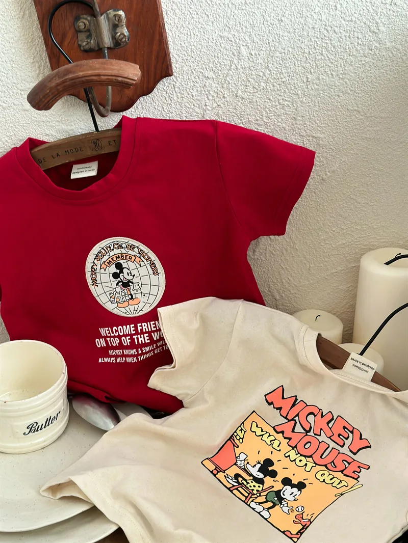 Camiseta de manga curta de algodão puro dos desenhos animados do mickey mouse para meninos e meninas no verão elegante topo para crianças de todos