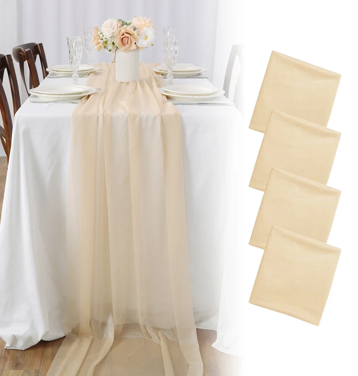 4pcs Beige Gauze Table Runner Bulk 70x300cm Chiffon Like Wedding Party Table Runner for Bridal Shower Baby Shower Decorations