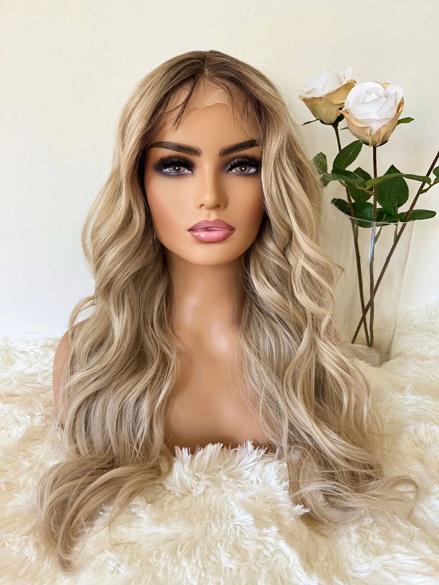24 Inches Free Part Ombre Ash Blonde HD Invisible Synthetic Lace Front Wig Loose Wave Wig High Quality Wigs With Baby Hair Daily