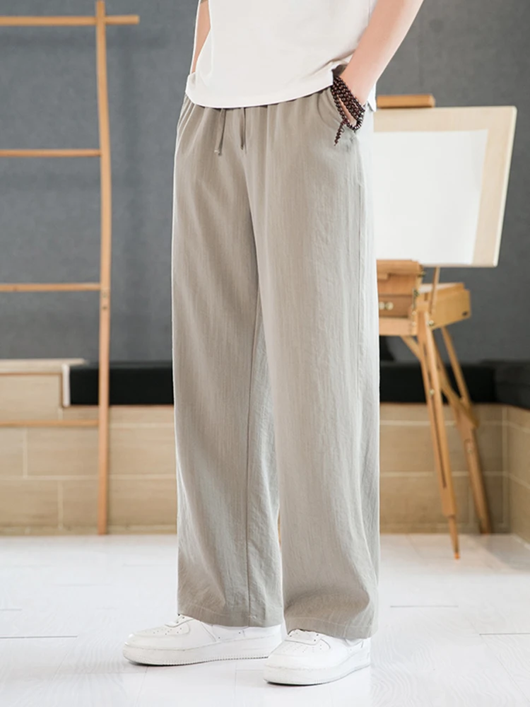 

Льняные мужские летние спортивные брюки прямого кроя, свободные повседневные брюки с широкими штанинами, удобные, свободного кроя, модные, брендовые