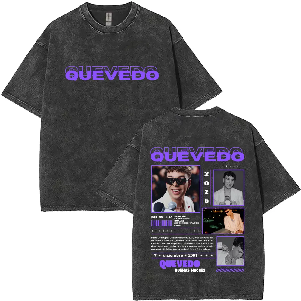 

Washed Vintage Rapper QUEVEDO Music Album BUENAS NOCHES 2025 Tour T Shirts Men Women Hip Hop Fashion Trend T-shirts Streetwear