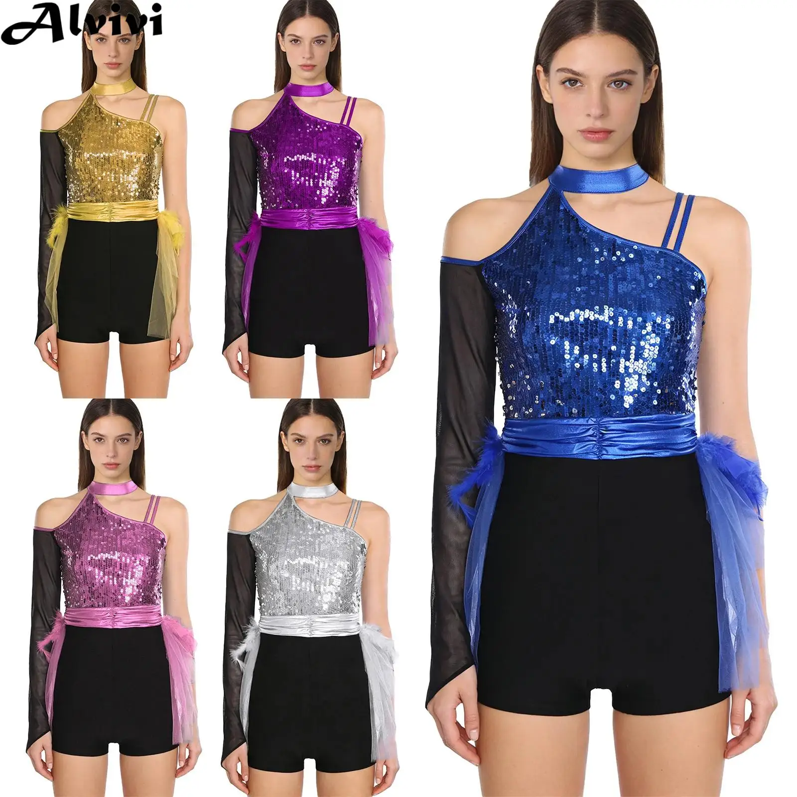 Women Sheer Mesh One Shoulder Sequin Feather Tulle Latin Jazz Dance Bodysuit for Skating Gymnastics Cha-cha Samba Performance