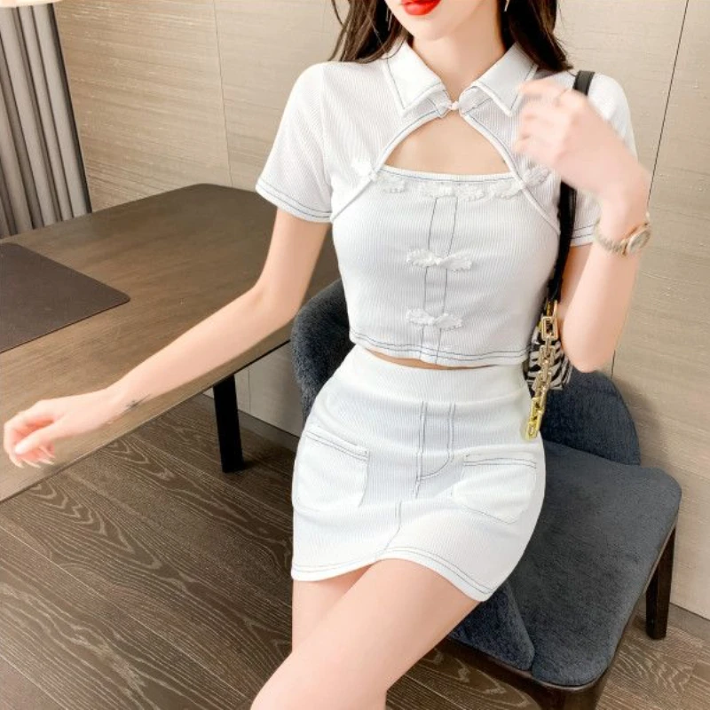 

Sets Women Retro Chinese Style New Elegant Sexy Slim Tops Simple High Waist Summer Skirts Gentle Female Temperament Two Pieces