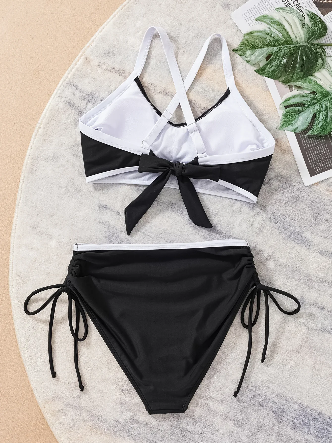 Vintage Drawstring Side High Waist Bikini Swimwear Women Black Patchwork Cross Push Up Bandage Cross Bathing Suit Swimsuit 2025