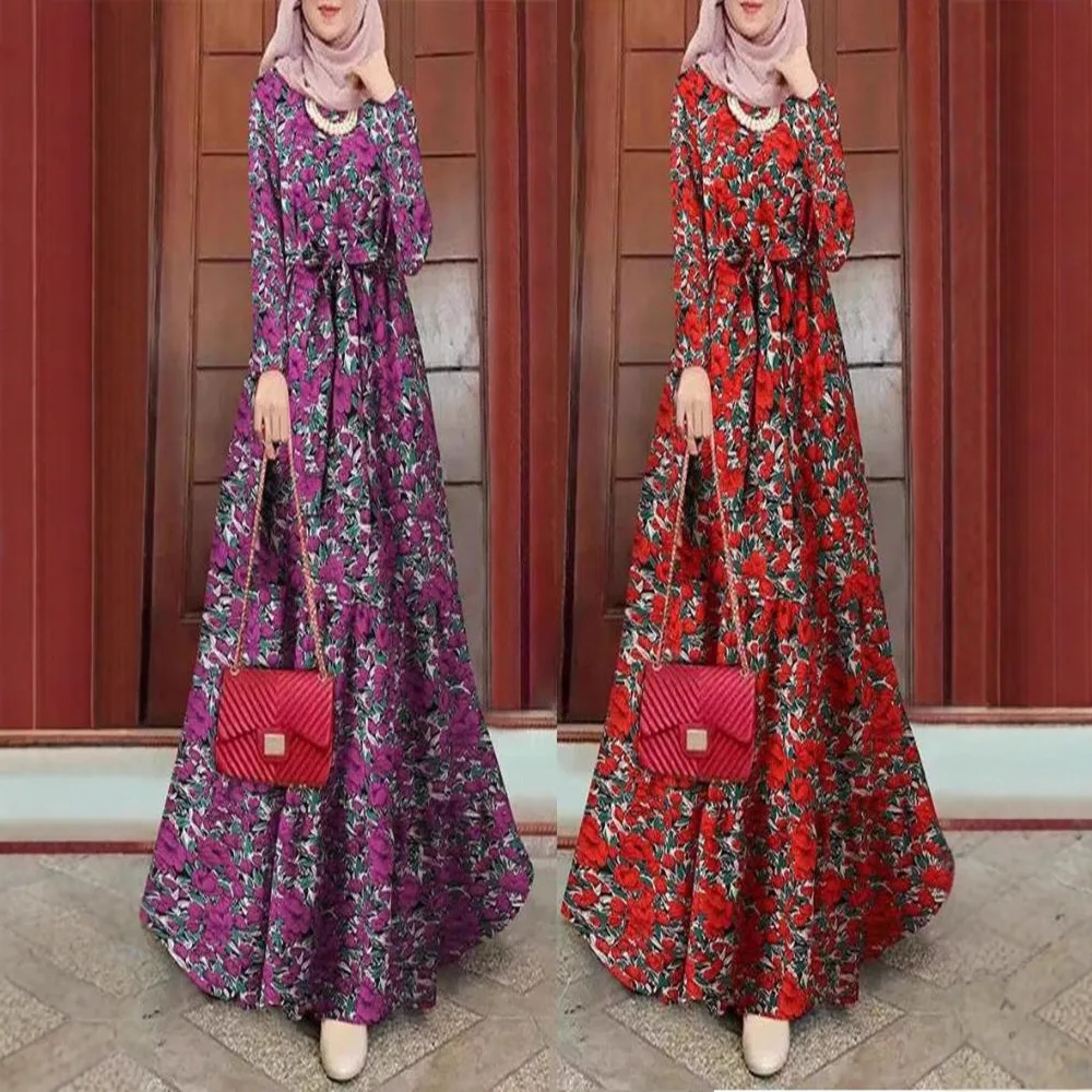 Nueva moda, vestido modesto de manga larga con estampado Floral para mujeres musulmanas, bata informal para mujer de Oriente Medio con cinturón para vestidos de Dubái