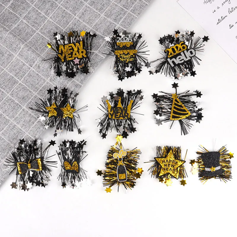 

100Pcs black and gold Happy New Year Appliques for Festive party hat, hair clip,New Year's Eve event, decoration accessories.