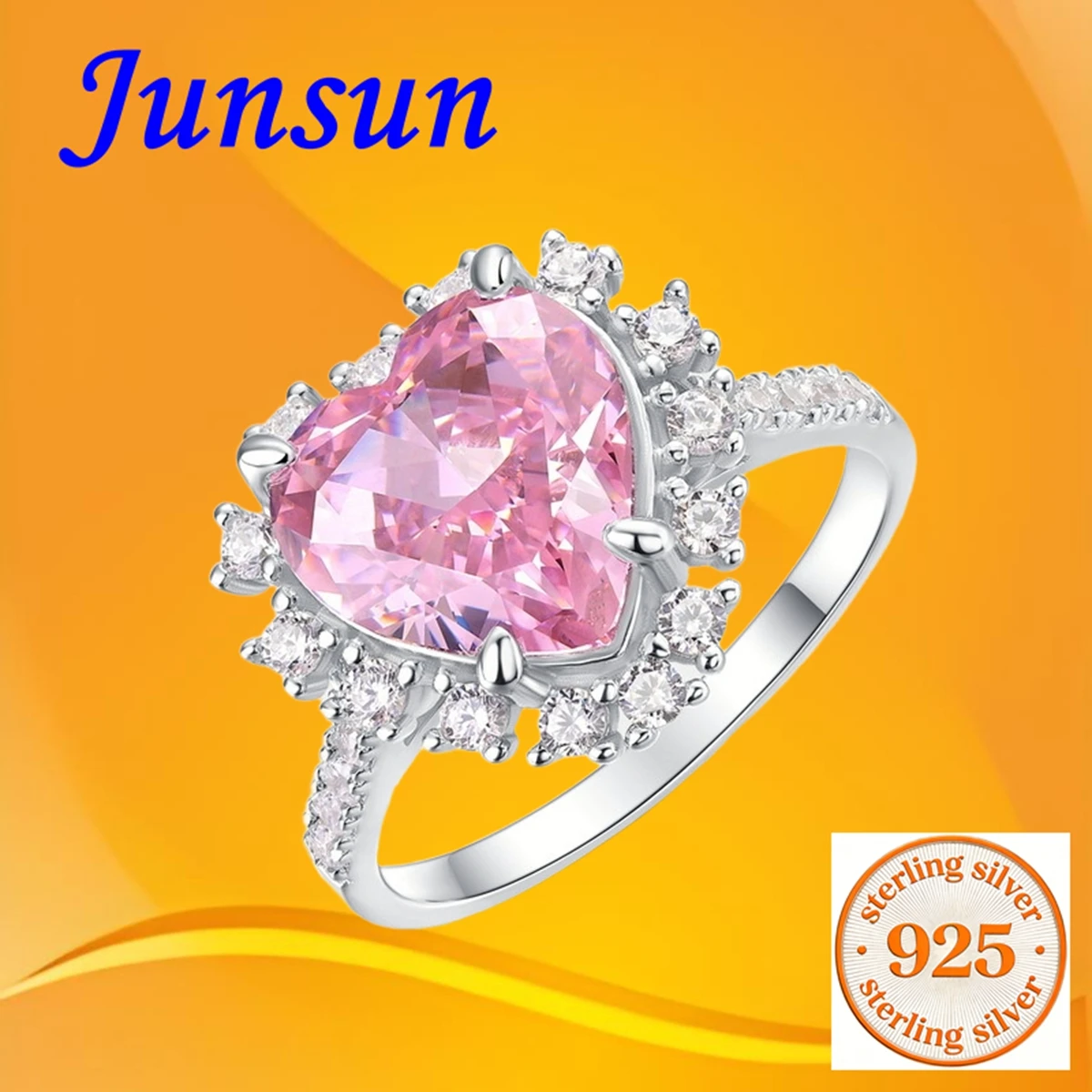 

Junsun 4ct Love Shaped Super Sparkling Pink Sapphire Ring With Ice Flower Cut S925 Sterling Silver Ring