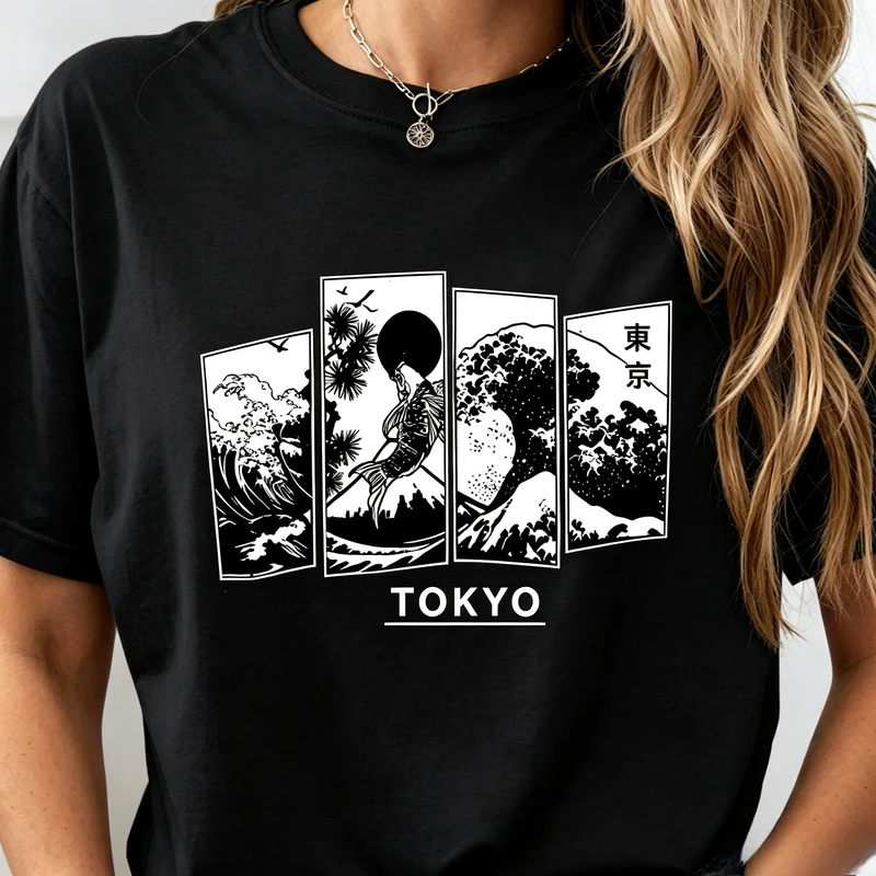 Japanese Ukiyo Art Tokyo Koi and Ocean Wave Print T Shirt Unisex Short Sleeve Tee Casual Streetwear Gift for Anime Art Lovers