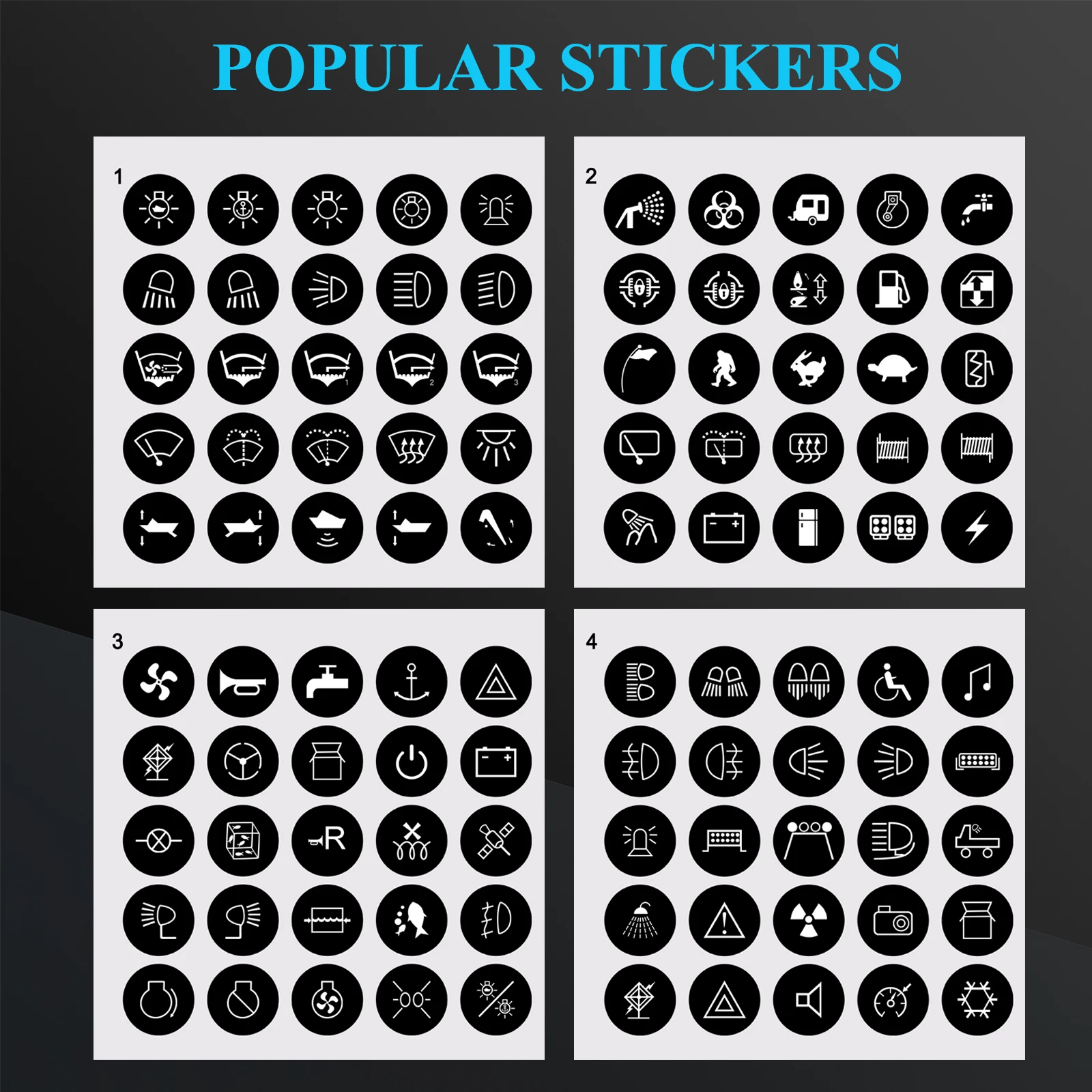11mm Round Stickers 100-Pattern Labels Waterproof Car Boat Switch Decals for 16/19/22mm LED Metal Push Button Switches & Panels