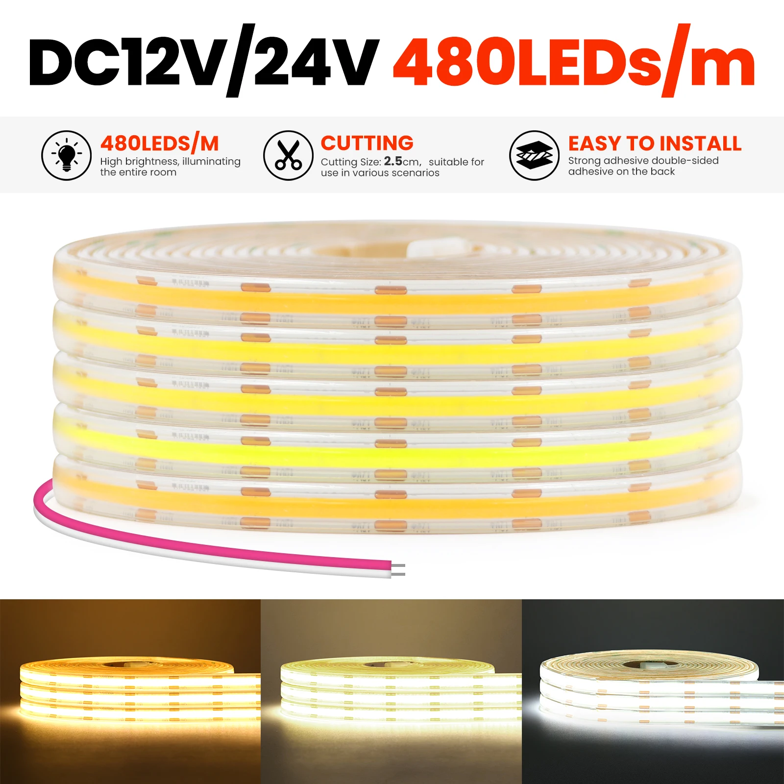 IP67 COB LED Strip Light DC 12V 24V Fita à prova d'água 480LEDs/m Piscina Sala flexível Fita de alta densidade 3000K 4000K 6500K