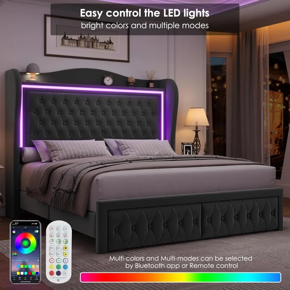 King Bed Frame com luzes LED, Cabeceira alta, veludo adornado, estofado Plataforma, 2 gavetas de armazenamento, botões, 55"