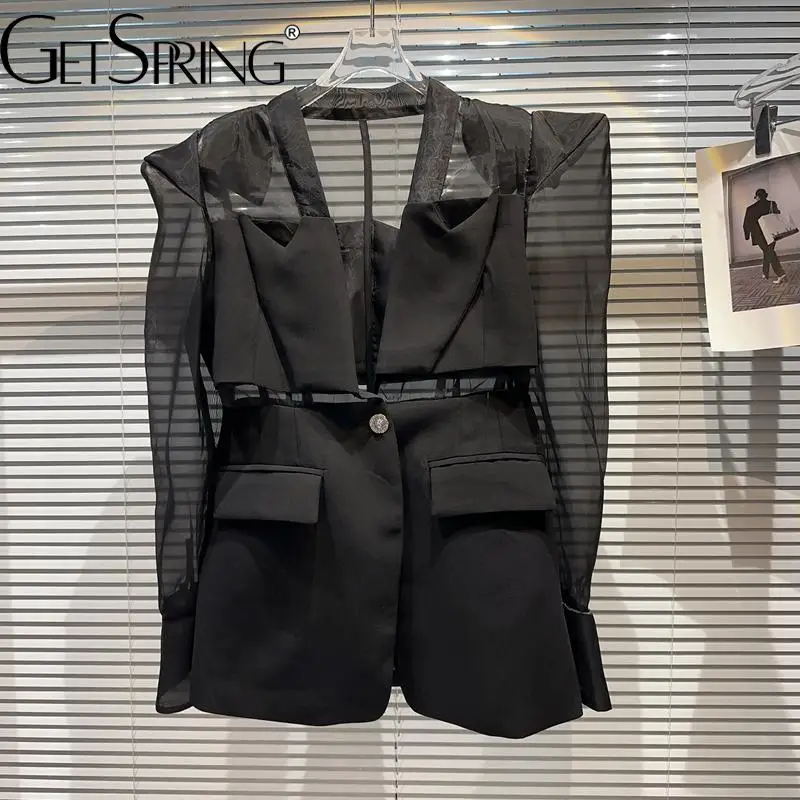 Getspring Women Blazer Single Button Elegant Mesh Stitching Shoulder Sunscreen Ladies Blazer Coat Fashion Women\'s Suit Jacket