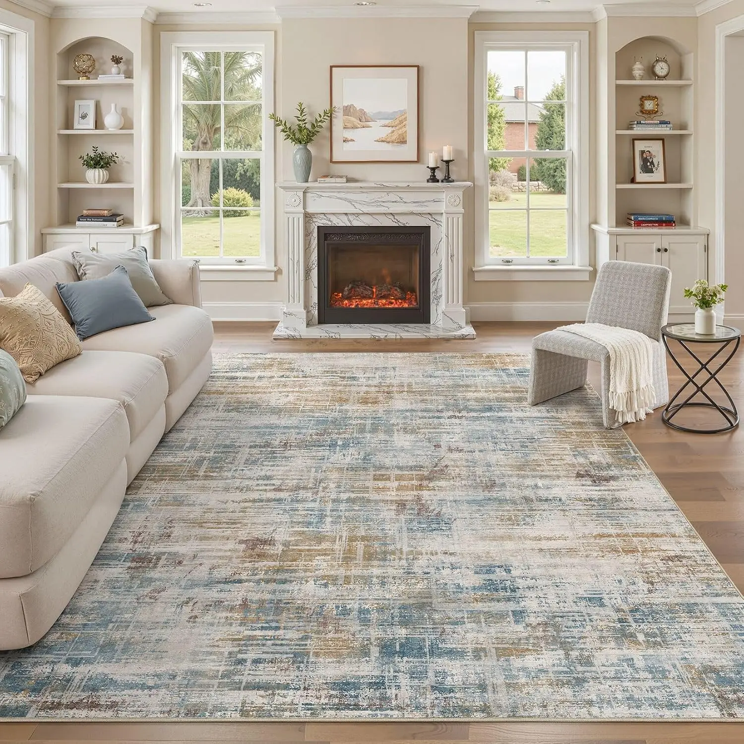 Abstract Blue Brown Washable Area Rug for Living Room 9x12, Customized