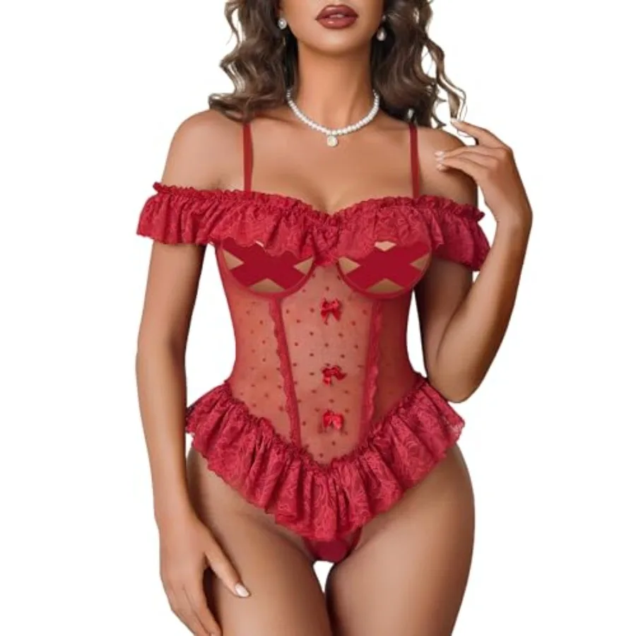 

Avidlove Lingerie for Women V Neck One Pcs Bodysuit Lace Ruffle Babydoll Off Shoulder Rave Outfits