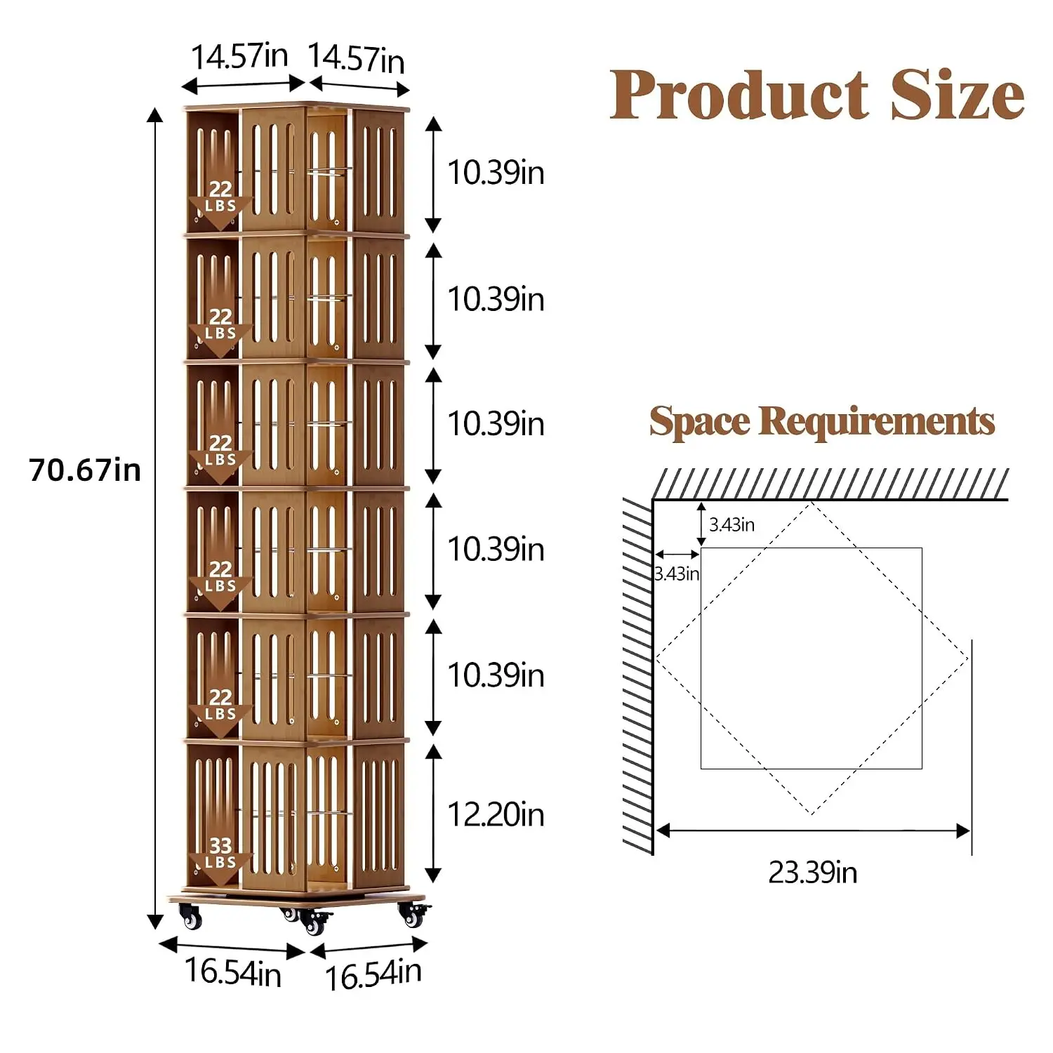 6-Tier Rotating Wooden Bookshelf with Wheels, 360° Spinning Storage Display for Living Room & Home Office, Walnut, Customized