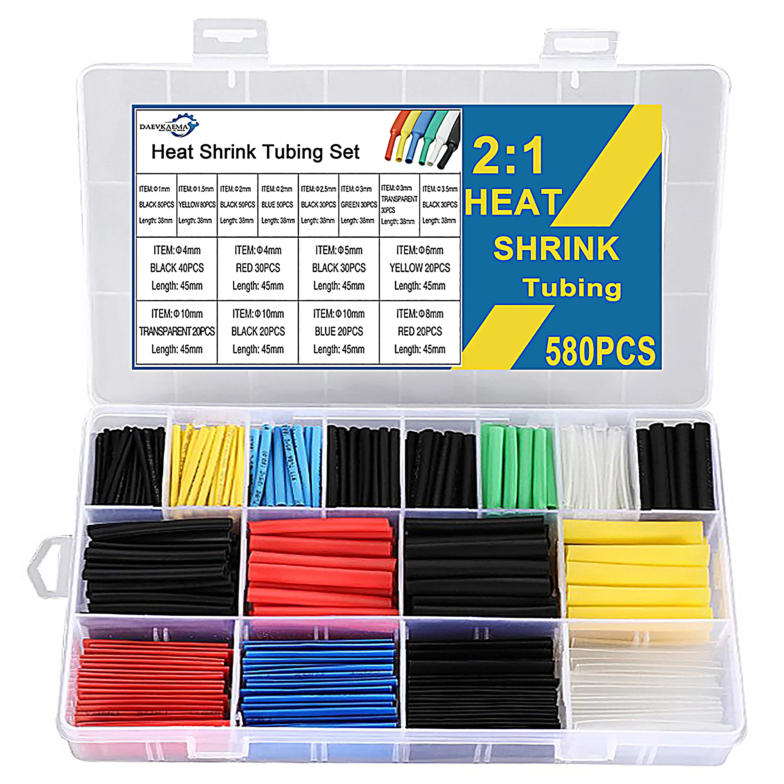 Schrumpfschlauch 2:1, elektrisches Isolierrohr-Set, 45 mm, flammhemmend, Kabelhülse, 580/800 Stück, 5 Farben, 12 Größen, mit Aufbewahrungsbox