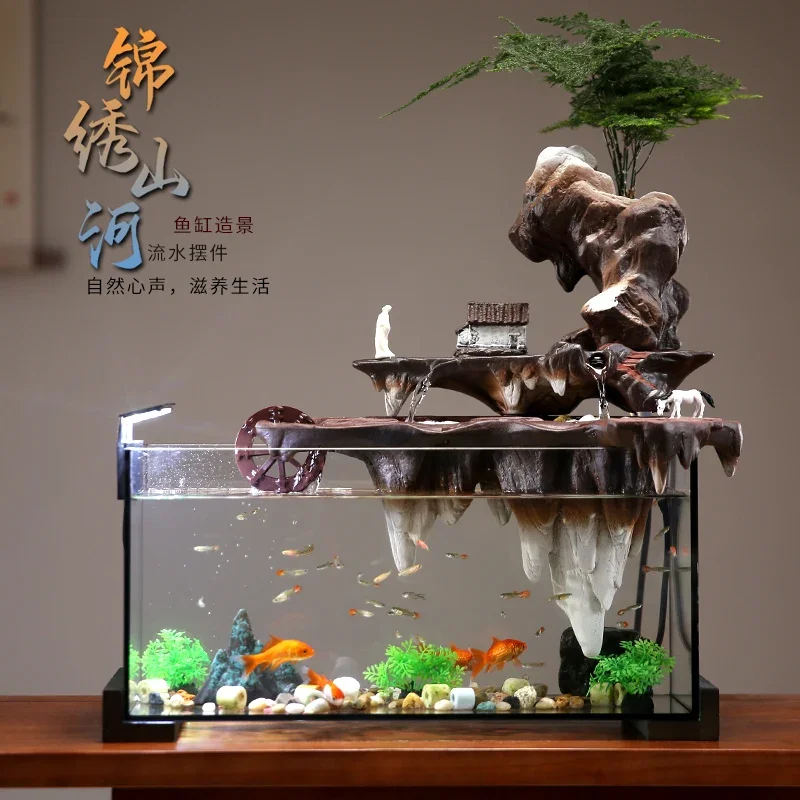 Fish tank living room, water flow ornaments, circulating water wheel, TV cabinet, office decoration, foyer, landscaping