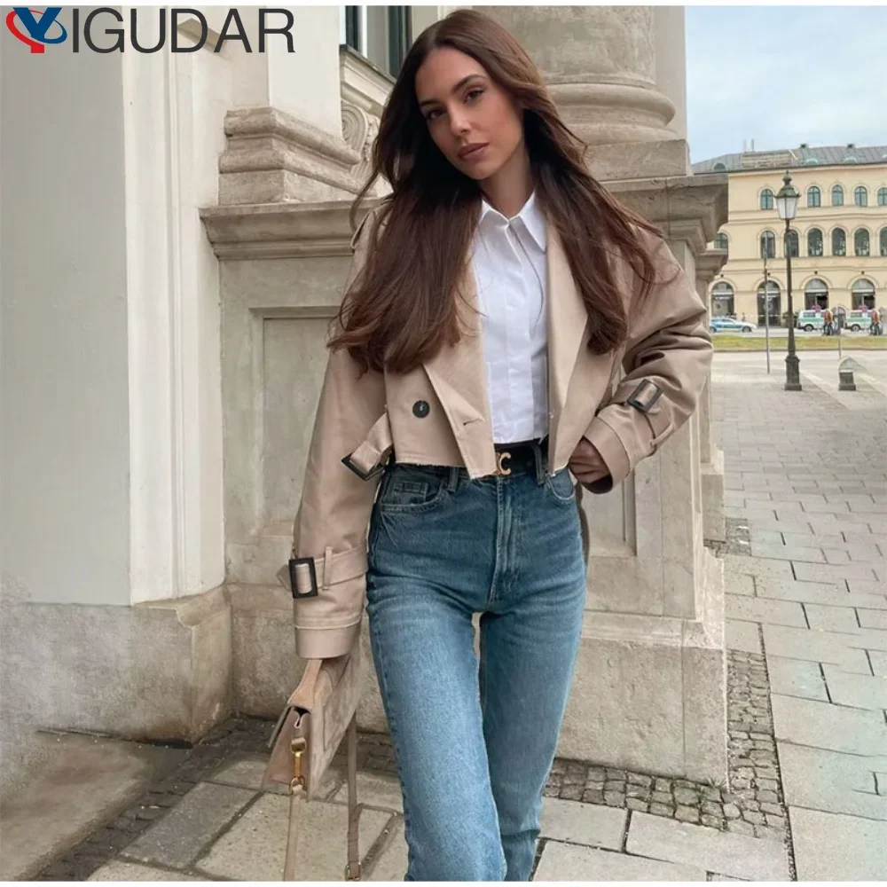 

Повседневная свободная куртка с зубчатым воротником, женская весна 202, укороченный Тренч с длинным рукавом и поясом на пуговицах, модная женская уличная верхняя одежда