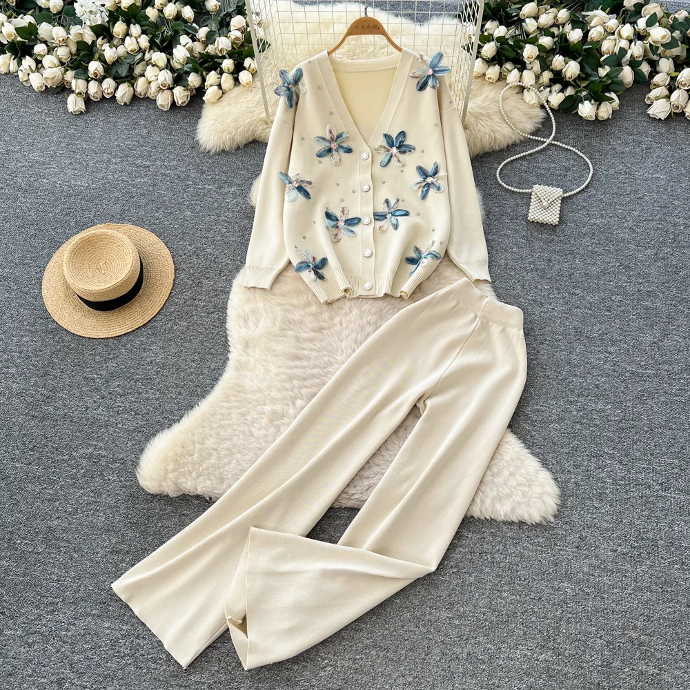 

2026 Pant Set Women Two Piece Sets V Neck Casual Loose Sweaters Coats Wide Leg Long Pants Elastic Waist Y2k Streetwear Autumn