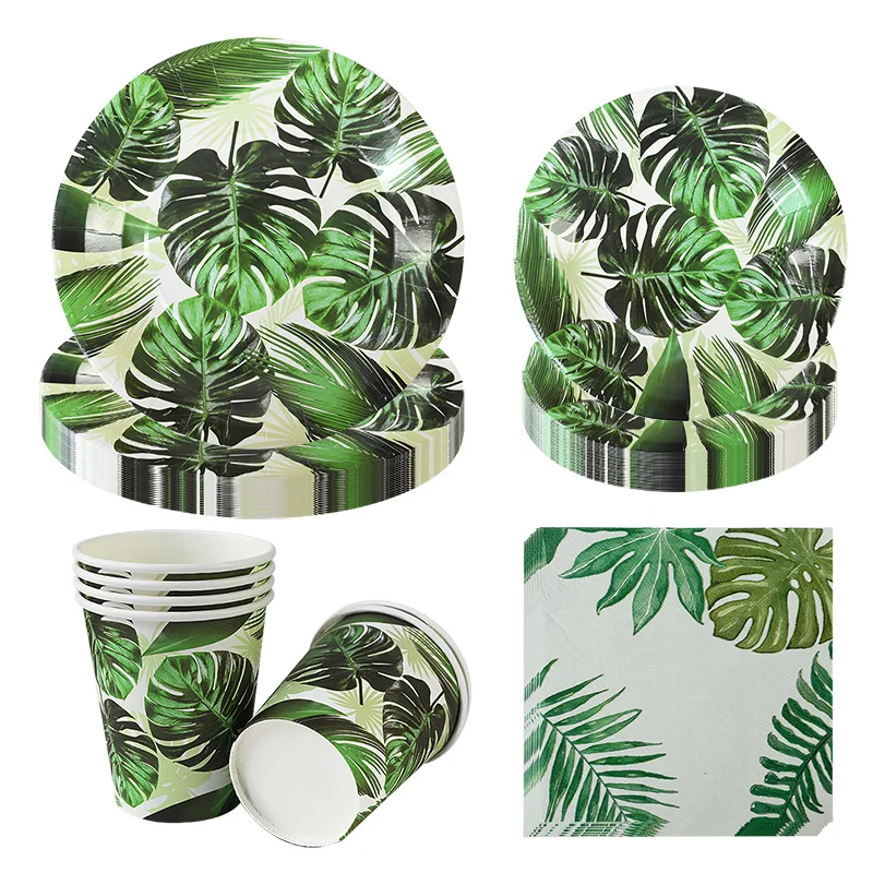 Hawaiian Party Decor Palm Leaves Bunting Banner Paper Plates Cup Napkins Disposable Tableware Set Summer Tropical Party Supplies