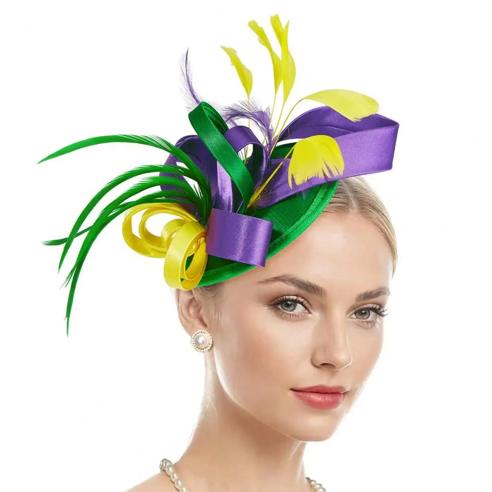 Accessorio per cappello da tè elegante cerchio per capelli in tessuto di raso Fascinator Hat con Faux Feather Ribbon Decor accessorio per feste con fascia da donna