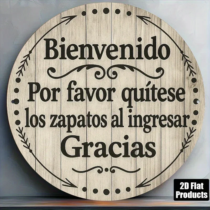2D Flat Round Metal Sign Spanish Welcome Please Remove Shoes At Entrance Thank You Vintage Rustic Wooden Tin Sign Waterproof Wal