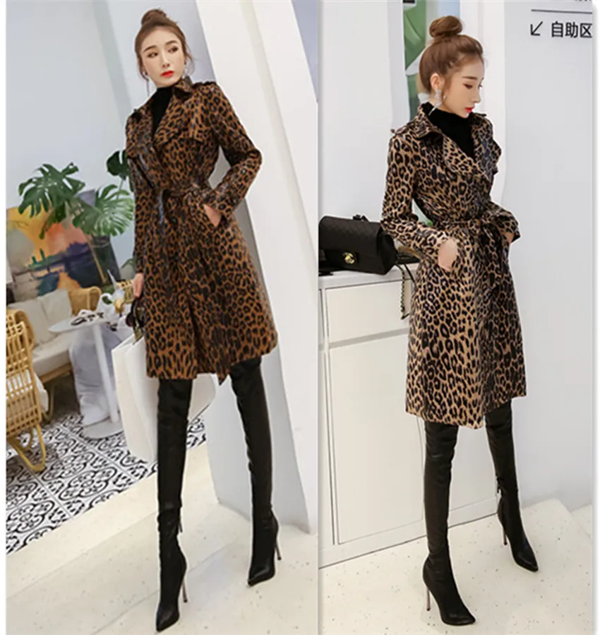 

Leopard Print Trench Coat Women Spring Autumn New Fashion Long Double-Breasted Long Sleeve Slim Coat Female Windbreaker G2332