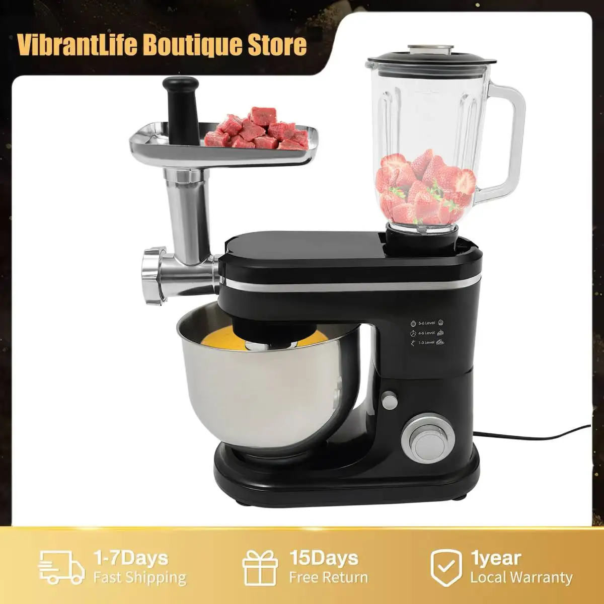 700-W-Küchenmixer aus Edelstahl, 6+1 Geschwindigkeiten, 6,3-Liter-Schüssel, multifunktional (Schneebesen/Schläger/Knethaken), Überhitzungsschutz