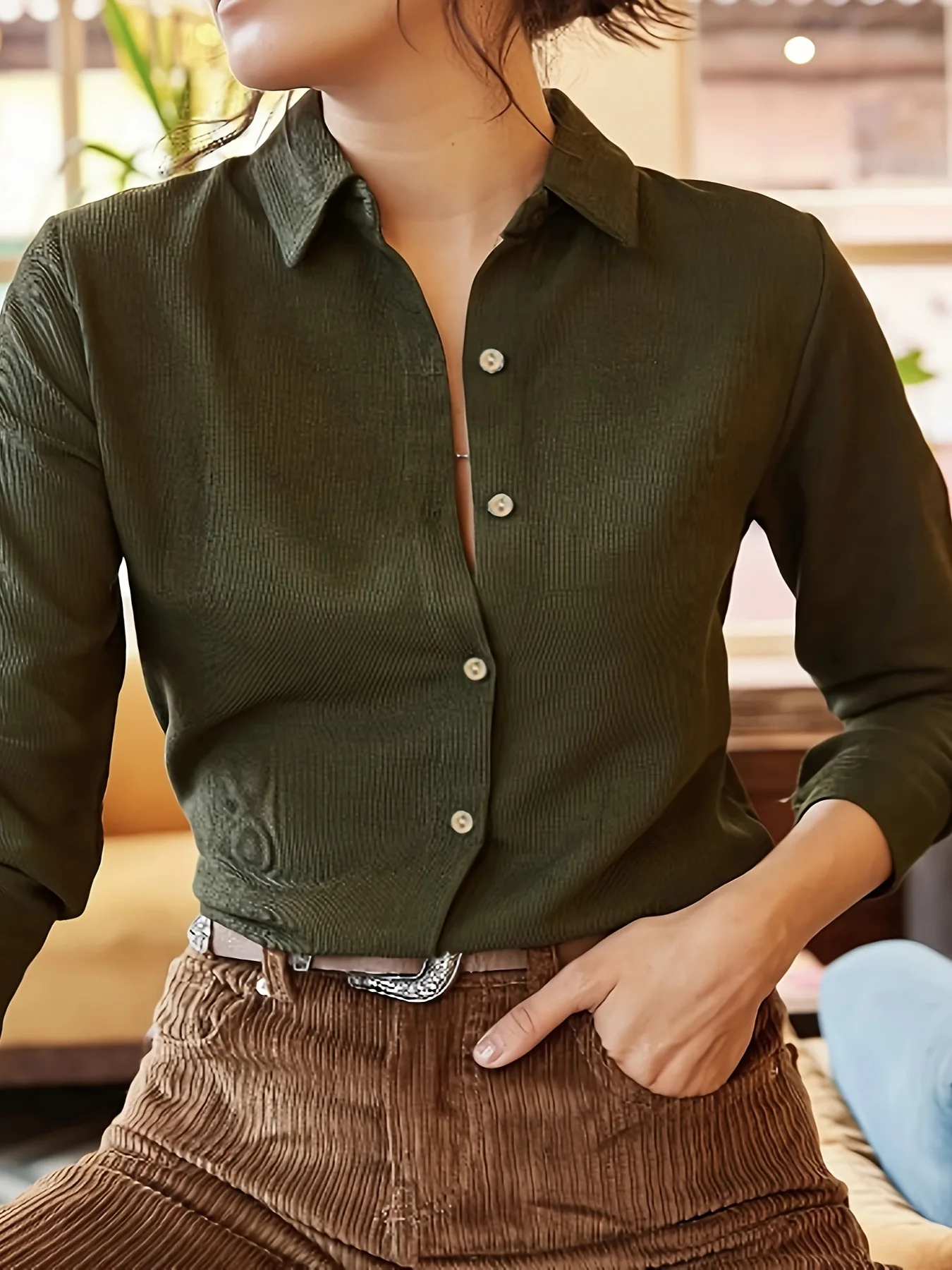 Vintage Army Green Fine Rib Collared Long Sleeve Shirt, Single Button Curved Hem Slim Commute Textured Blouse for Women