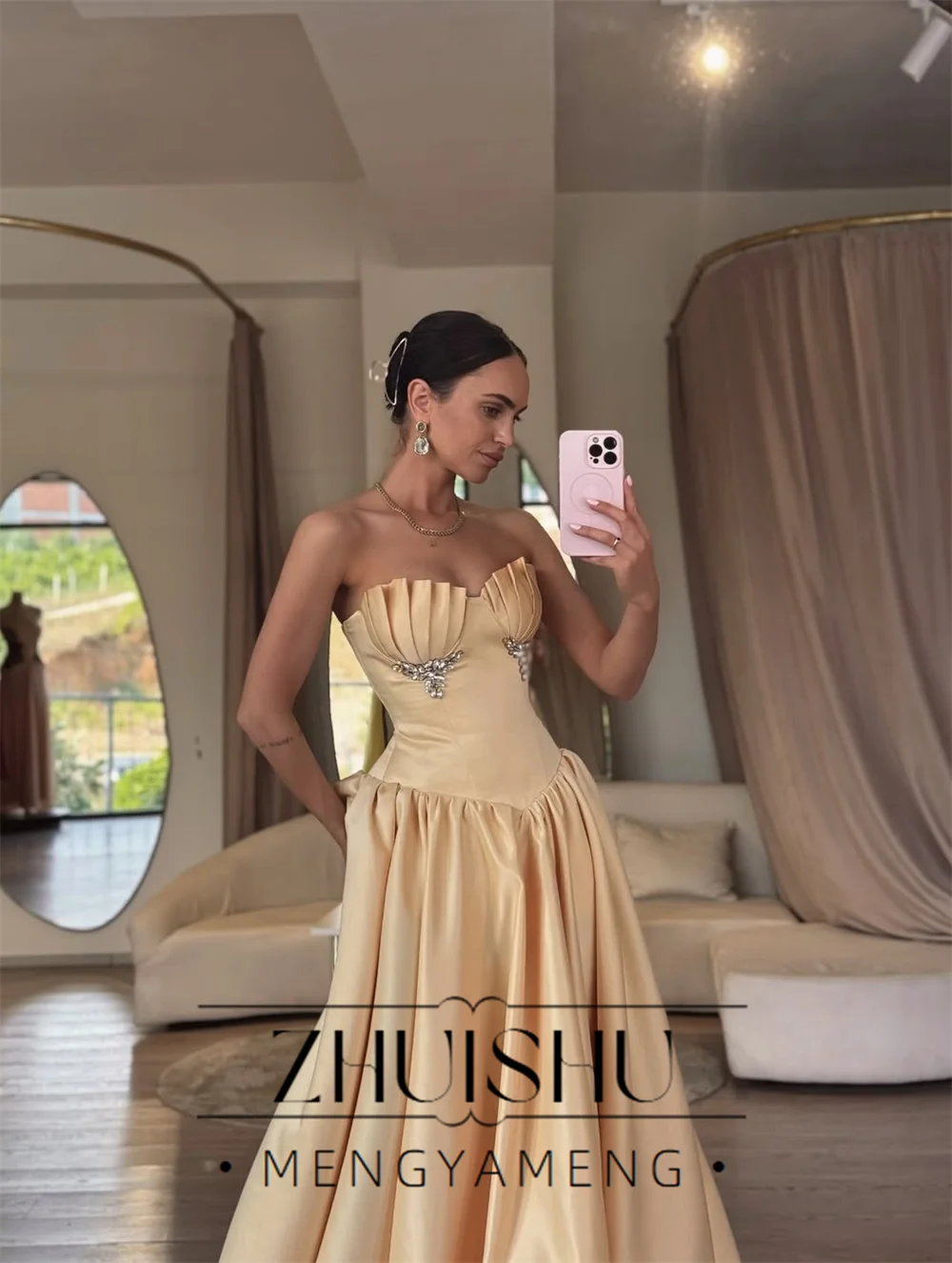 ZHUISHU Classic Yellow A-Line Evening Dress Women 2026 Satin Sleeveless Pleat Beading Formal Party Gowns Customized فساتين سهرة