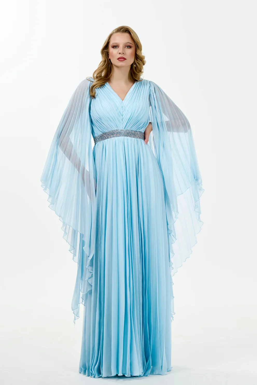 

Customized Elegant Chiffon Pleat Draped Sash Rhinestone A-line V-neck Long Dresses Bespoke Occasion Dresses Simple High quality