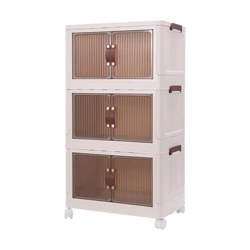 Folding Portable Cabinet Storage Bins Stackable Organizer Box with Caster Wheels Collapsible Toy Storage with Double Door