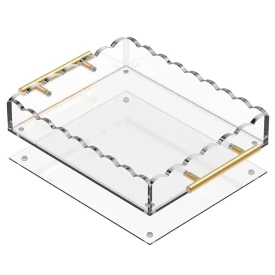

10×12 Rectangular Scalloped Acrylic Tray with Bronze Handles and Magnetic Mat Clear Display Tray Vanity Organizer Anti‑Slip Dec