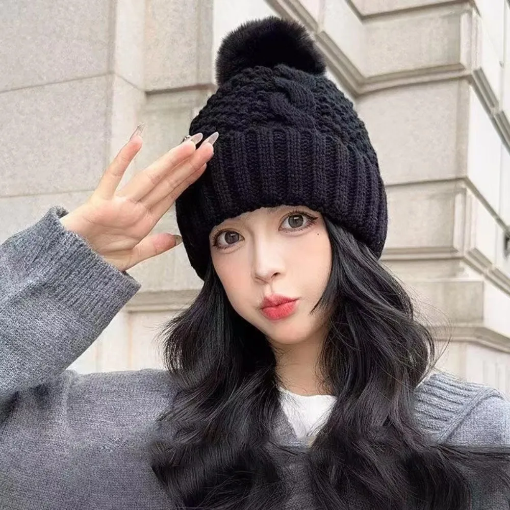 Women's Winter Twist Knitted Plush Beanie Warm Ear Protection Fur Pompom Hat Female Anti-Cold Autumn Snow Pullover Cap Accessory