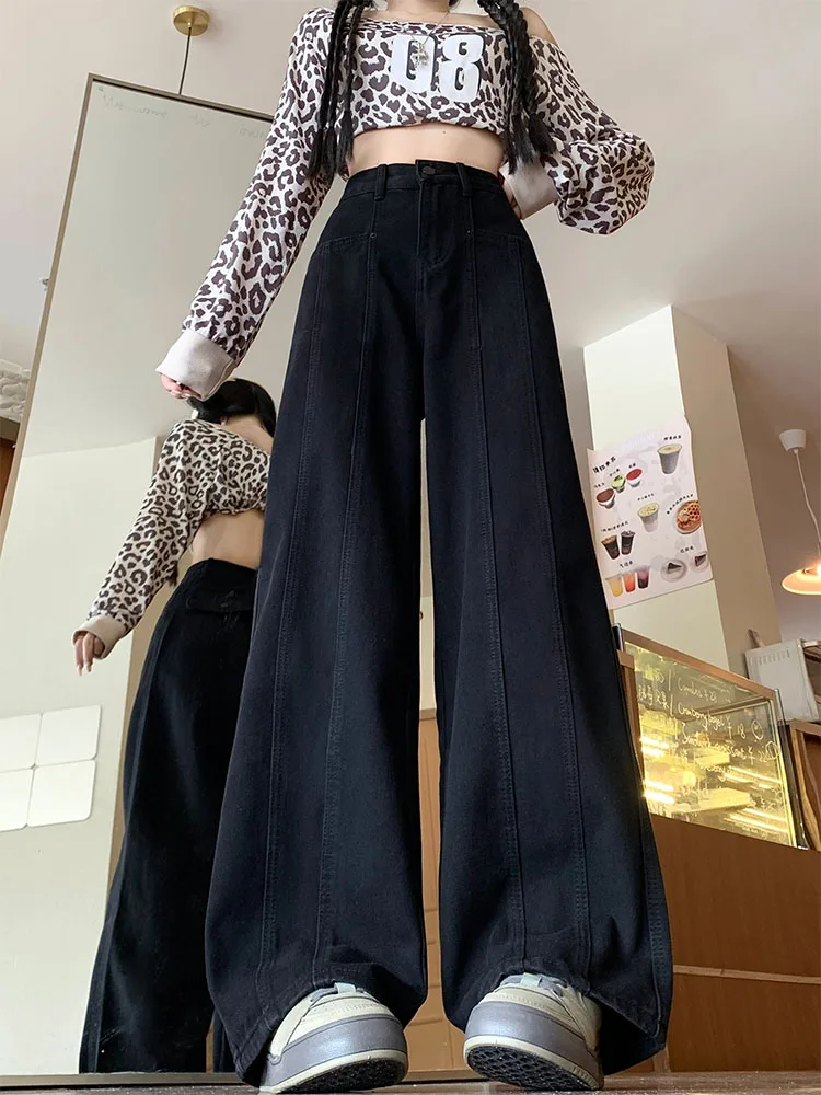 فضفاض عالية الخصر واسعة الساق الجينز المرأة الخريف جديد Sle الكمثرى القرد الجسم التخسيس ألف خط بنطلون عادية مستقيم الساق