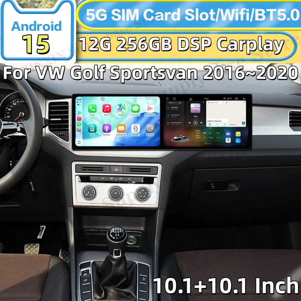 10.1 In Dual Screen Interaction Android For VW Golf Sportsvan 2016~2020 Car Radio Multimedia GPS Navigation HD Screen Head Unit