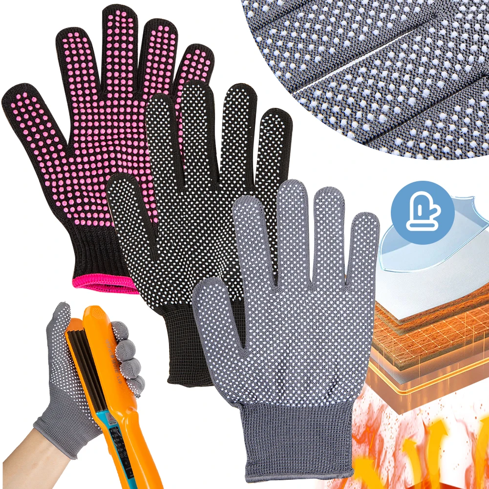 

Heat Resistant Gloves Hairdressing Anti-heat Gloves with Silicone Bumps Hair Styling Mitts Anti Slip for Wand Curling Iron