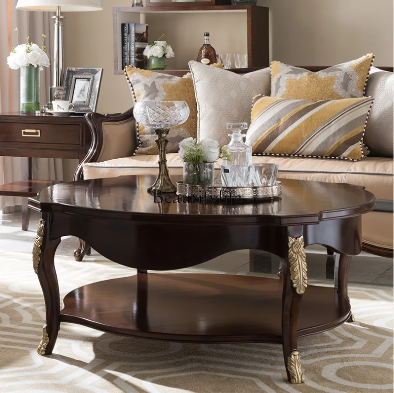 

American rural solid wood oval coffee table European light luxury carving gold painting postmodern simple beauty