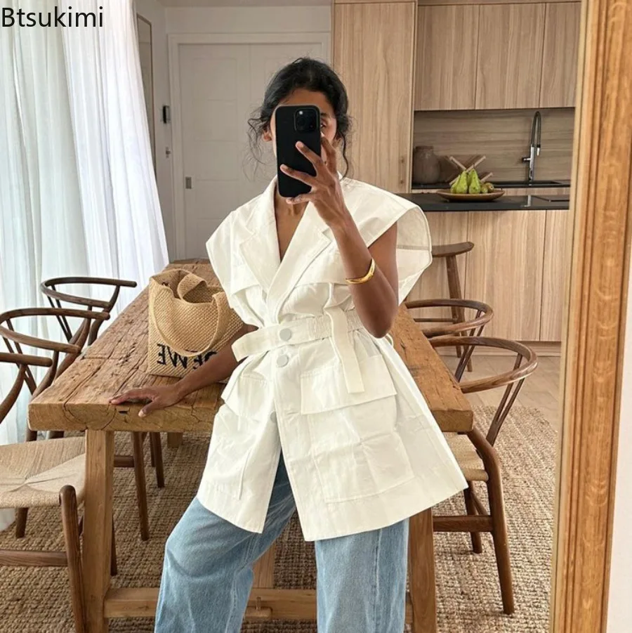 

Лето 2025 года, рубашка без рукавов, дизайнерская рубашка с несколькими карманами, женские свободные топы с воротником с лацканами и пуговицами, модный однотонный кардиган, топ