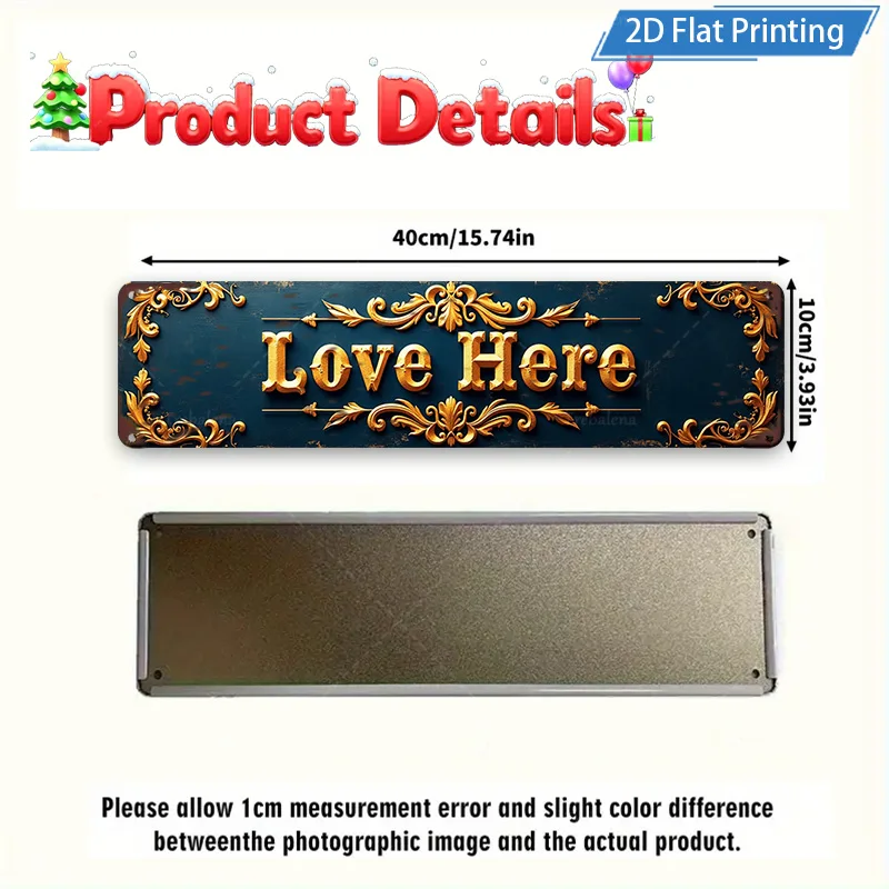 [2D FLAT] 1 قطعة لافتة معدنية، 8 × 12 بوصة عتيقة الحب هنا علامة معدنية فنية جدارية مزخرفة