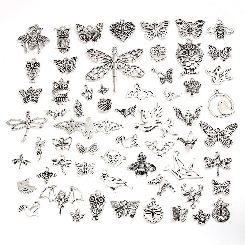 30pcs Random Mix Silver Color Bee Butterfly Owl Dragonfly Charms Flying Animals Pendant Jewelry Making DIY Handmade Accessories