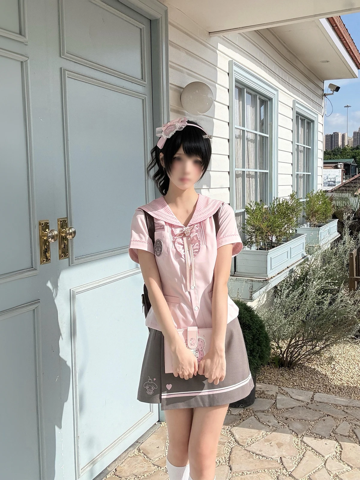 

Korean Style Uniform Meileti Grey Pink Waist-Cinching Short Sleeve round Neck Shirt Short Skirt Set Summer Workwear