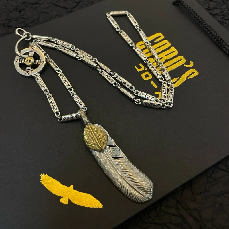 

Japan Tide Takahashi Goros Classic Vintage Gold Embellished Feather Pendant Bamboo Letter Necklace Fashion Couple Versatile