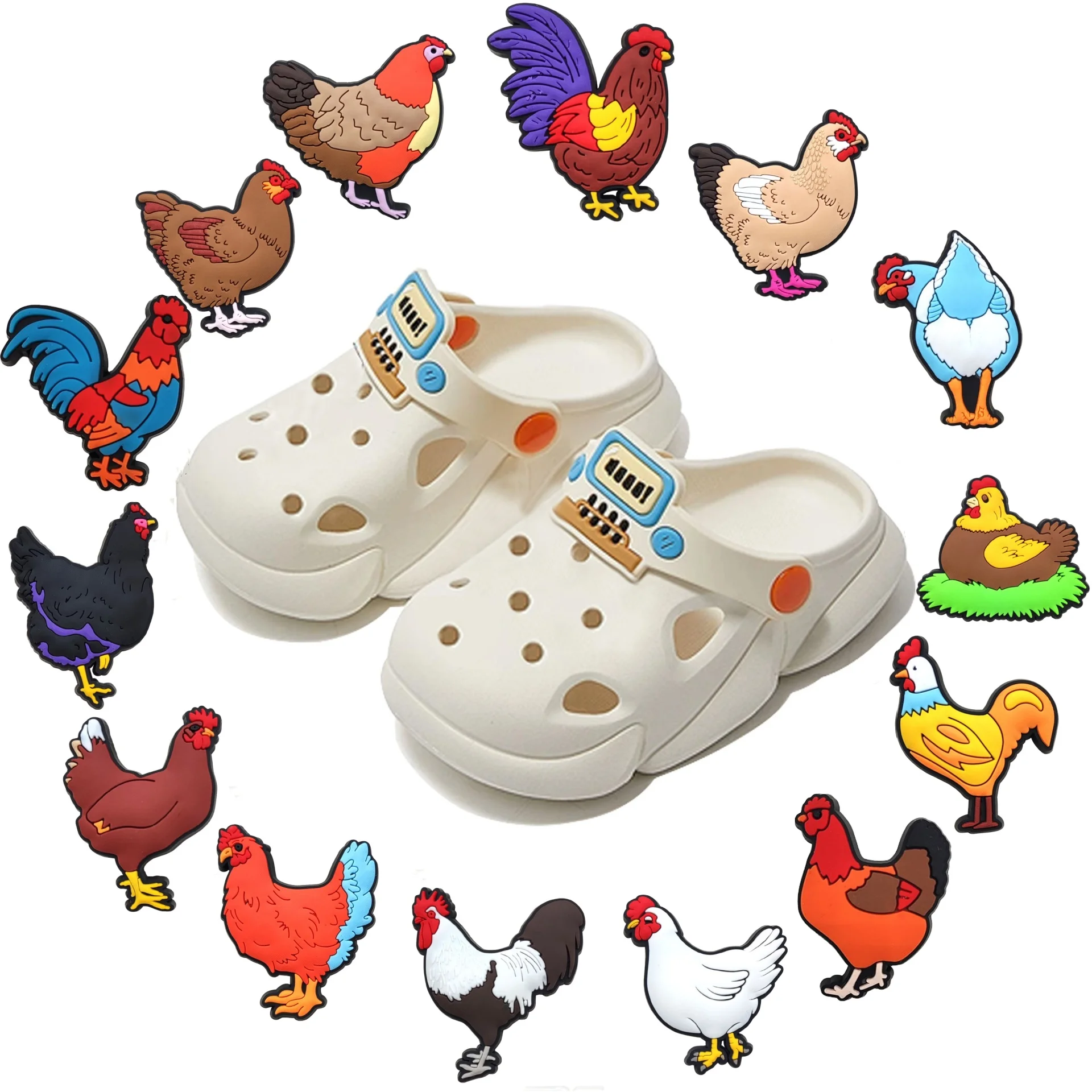 

14PCS Rooster Chicken Hen Shoe Charms Colorful PVC Clog Buckle Decorations DIY Craft Supplies Party Favors Kids Birthday Gifts