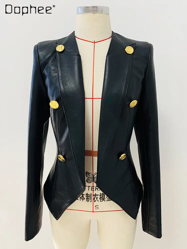 Chaqueta de cuero sin cuello para mujer, Blazer de doble botonadura de Metal, elegante, a la moda, otoño e invierno, 2023