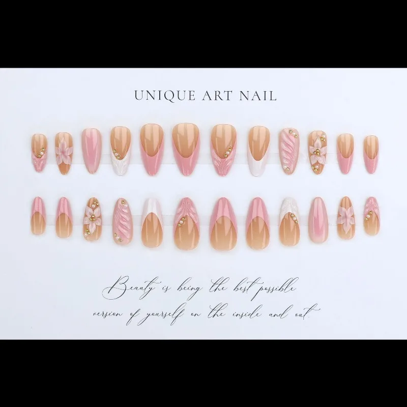 24 piezas de uñas postizas rosas francesas con decoración de flores 3D, en forma de almendra, acrílicas, artificiales, reutilizables, para uñas 4