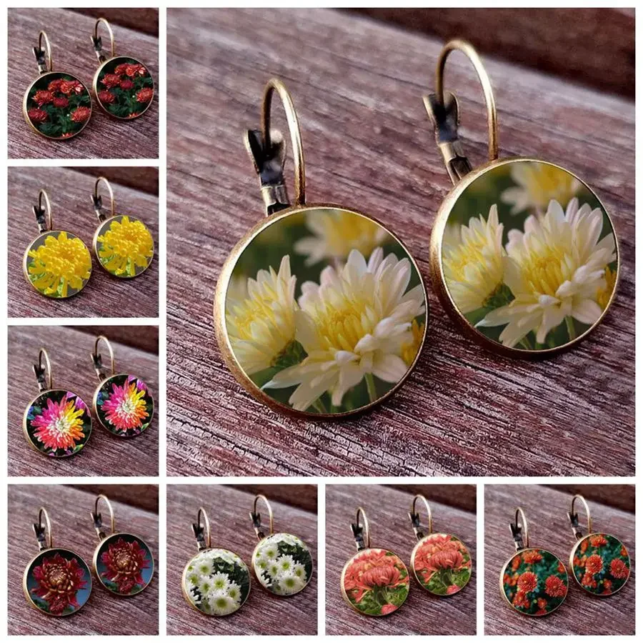 Yellow Daisy Flower Girl Stud Earrings Fashion France Earrings for Women Ear Hook Earrings chrysanthemum Glass Cabochon Earring