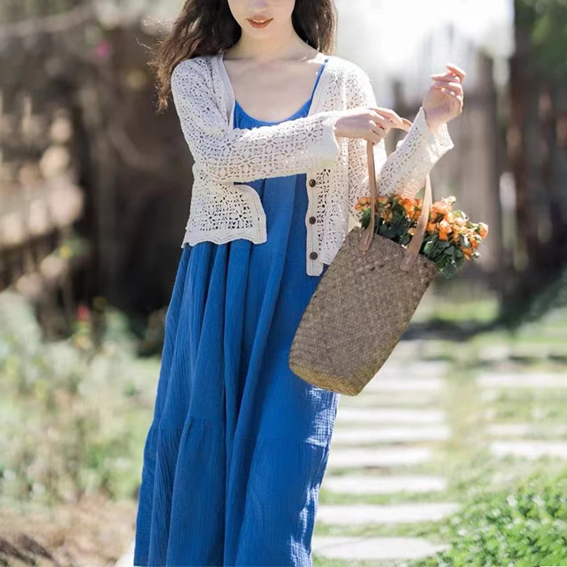 Muslin 100% Cotton Summer Dress Sleeveless Adjustable Strap Chic Elegant Blue Maxi Dresses Lady Robe Hoilday Travel Sundress